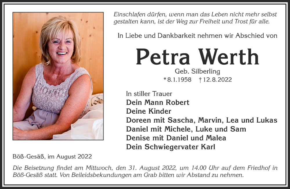  Traueranzeige für Petra Werth vom 27.08.2022 aus Gelnhäuser Neue Zeitung