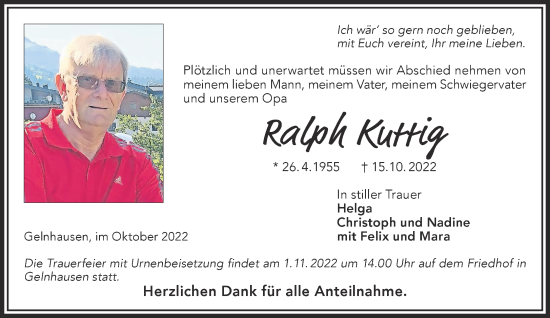 Traueranzeige von Ralph Kuttig von Gelnhäuser Neue Zeitung