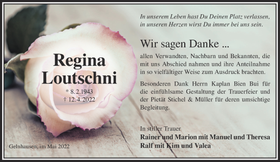 Traueranzeige von Regina Loutschni von Gelnhäuser Neue Zeitung