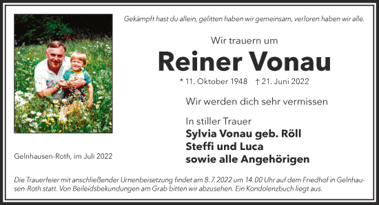 Traueranzeige von Reiner Vonau von Gelnhäuser Neue Zeitung