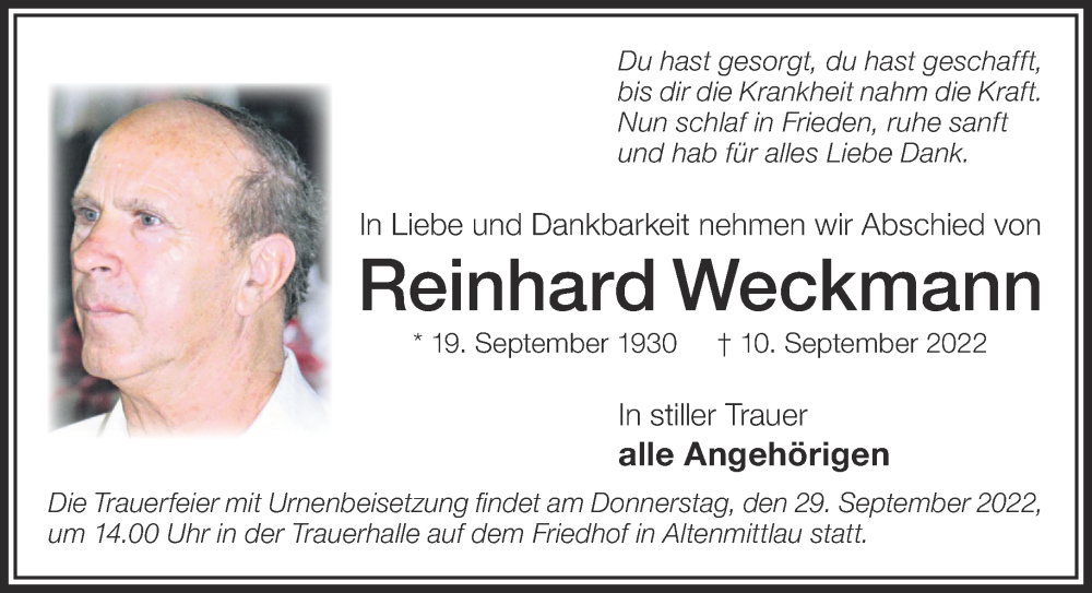  Traueranzeige für Reinhard Weckmann vom 24.09.2022 aus Gelnhäuser Neue Zeitung