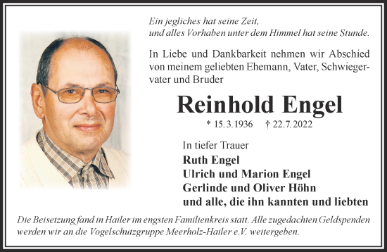 Traueranzeige von Reinhold Engel von Gelnhäuser Neue Zeitung