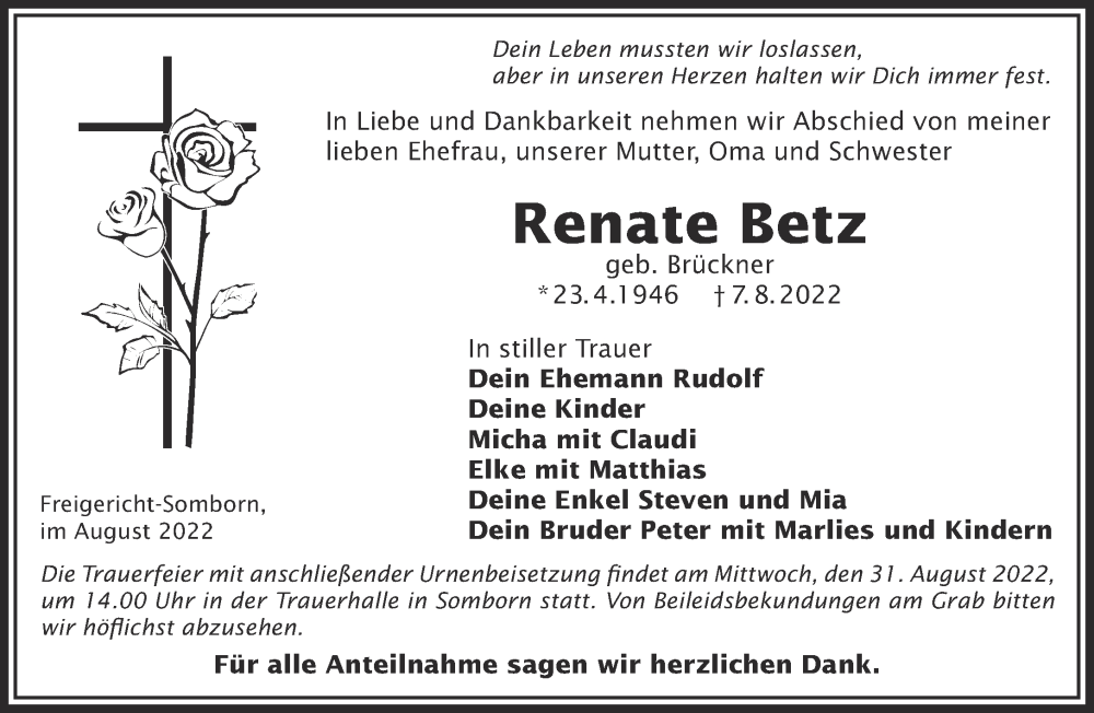  Traueranzeige für Renate Betz vom 20.08.2022 aus Gelnhäuser Neue Zeitung