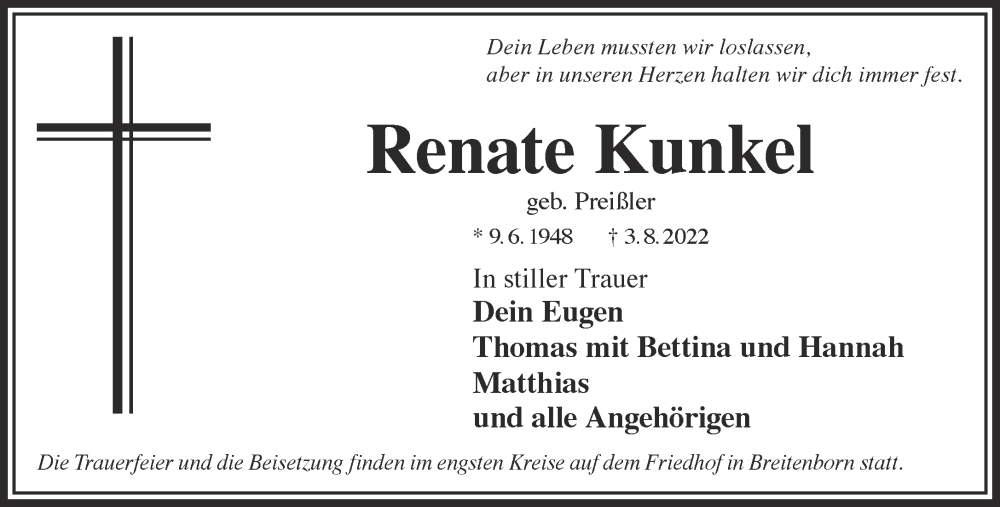 Traueranzeige für Renate Kunkel vom 13.08.2022 aus Gelnhäuser Neue Zeitung