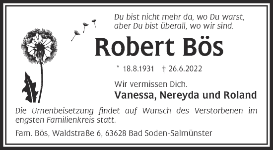 Traueranzeige von Robert Bös von Gelnhäuser Neue Zeitung
