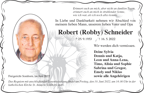 Traueranzeige von Robert Schneider von Gelnhäuser Neue Zeitung