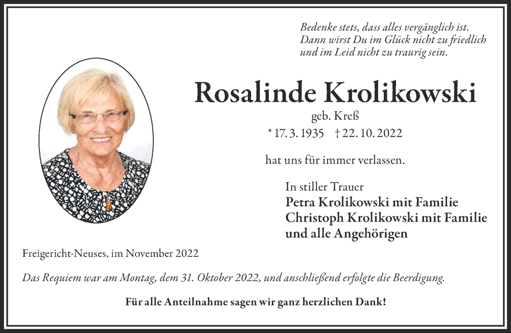 Traueranzeige für Rosalinde Krolikowski vom 05.11.2022 aus Mittelhessen-Bote
