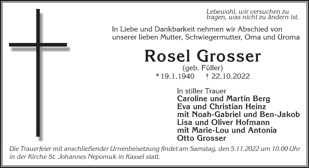  Traueranzeige für Rosel Grosser vom 01.11.2022 aus Gelnhäuser Neue Zeitung