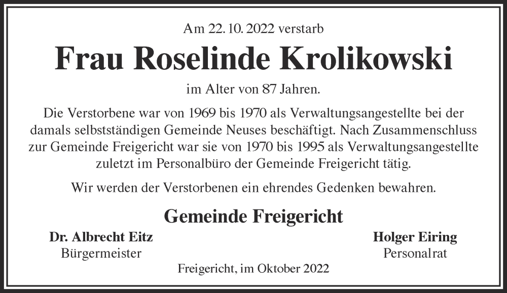  Traueranzeige für Roselinde Krolikowski vom 29.10.2022 aus Gelnhäuser Neue Zeitung