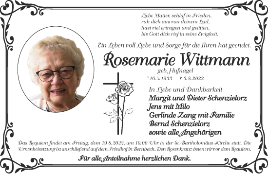Traueranzeige von Rosemarie Wittmann von Gelnhäuser Neue Zeitung