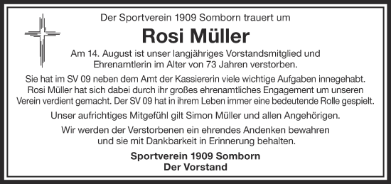 Traueranzeige von Rosi Müller von Mittelhessen-Bote