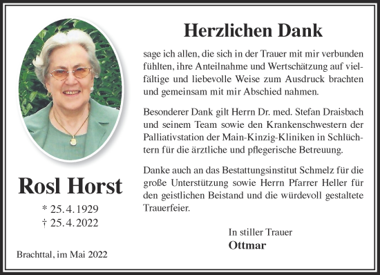 Traueranzeige von Rosl Horst von Gelnhäuser Neue Zeitung