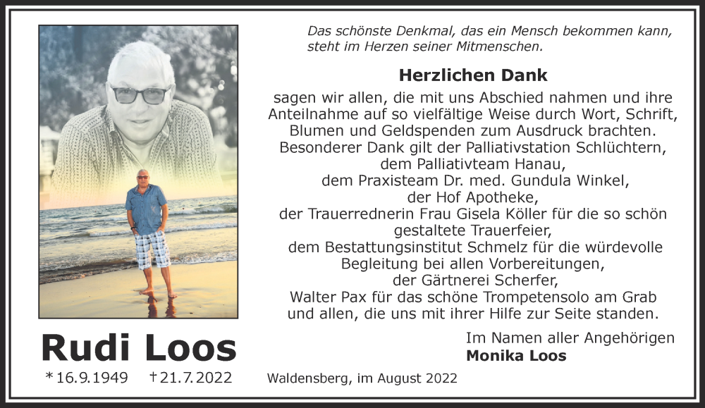  Traueranzeige für Rudi Loos vom 27.08.2022 aus Mittelhessen-Bote
