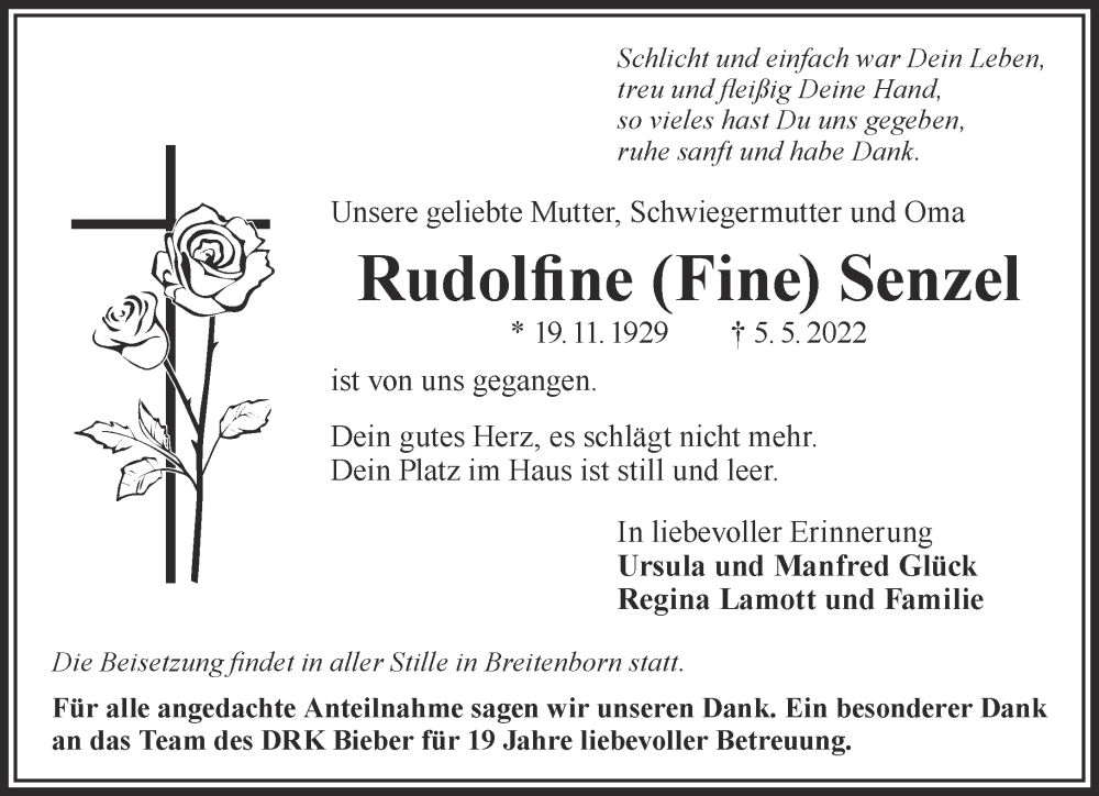  Traueranzeige für Rudolfine Senzel vom 14.05.2022 aus Gelnhäuser Neue Zeitung