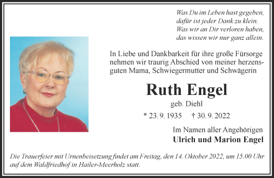Traueranzeige von Ruth Engel von Gelnhäuser Neue Zeitung