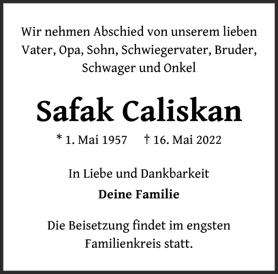 Traueranzeige von Safak Caliskan von Gelnhäuser Neue Zeitung