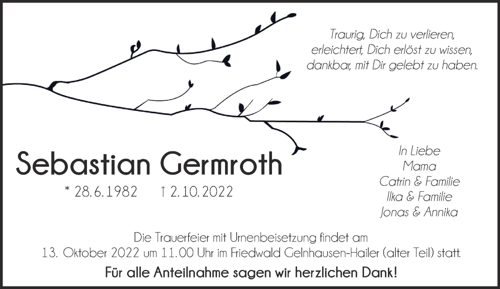  Traueranzeige für Sebastian Germroth vom 08.10.2022 aus Gelnhäuser Neue Zeitung