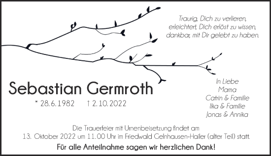 Traueranzeige von Sebastian Germroth von Gelnhäuser Neue Zeitung