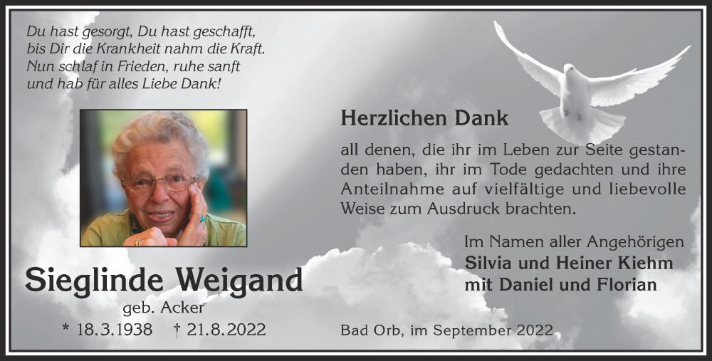  Traueranzeige für Sieglinde Weigand vom 10.09.2022 aus Gelnhäuser Neue Zeitung
