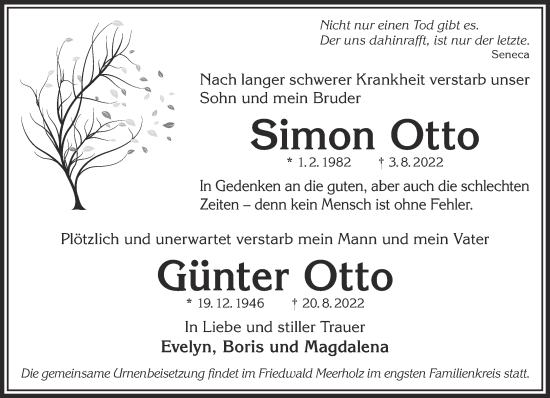 Traueranzeige von Simon und Günter Otto von Gelnhäuser Neue Zeitung