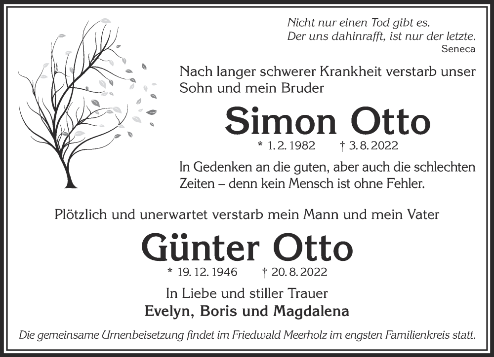  Traueranzeige für Simon und Günter Otto vom 03.09.2022 aus Mittelhessen-Bote
