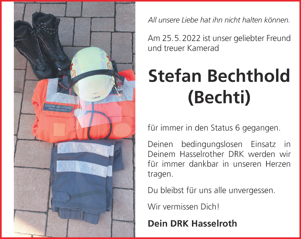  Traueranzeige für Stefan Bechthold vom 04.06.2022 aus Gelnhäuser Neue Zeitung