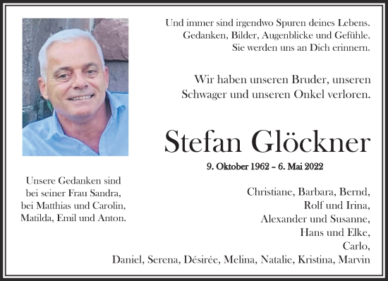 Traueranzeige von Stefan Glöckner von Gelnhäuser Neue Zeitung