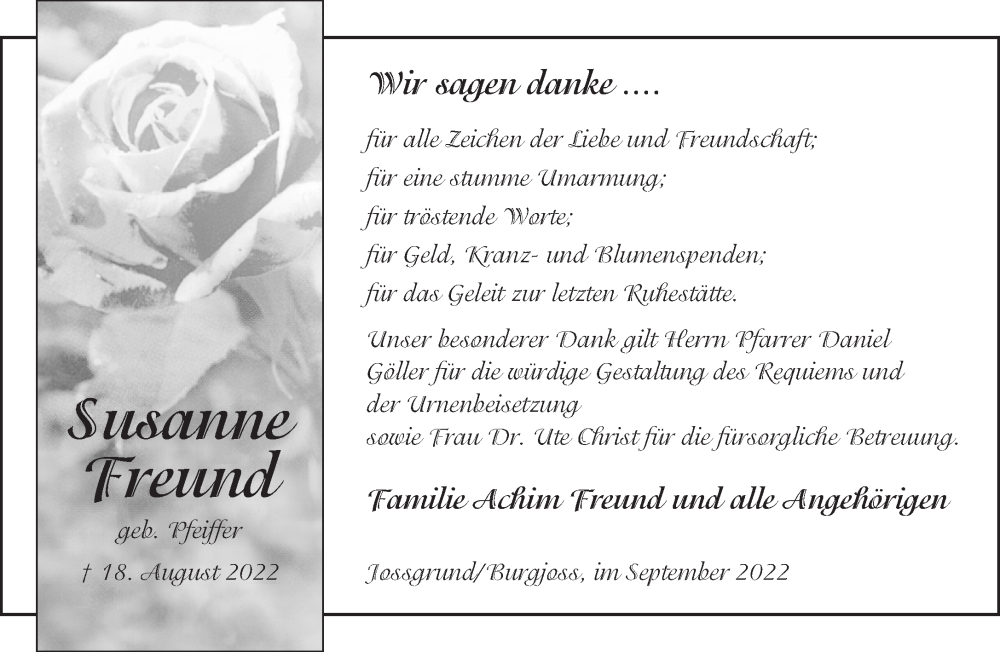  Traueranzeige für Susanne Freund vom 24.09.2022 aus Gelnhäuser Neue Zeitung