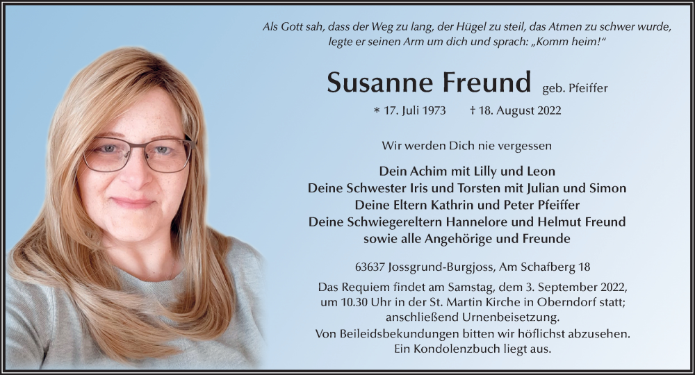  Traueranzeige für Susanne Freund vom 03.09.2022 aus Mittelhessen-Bote