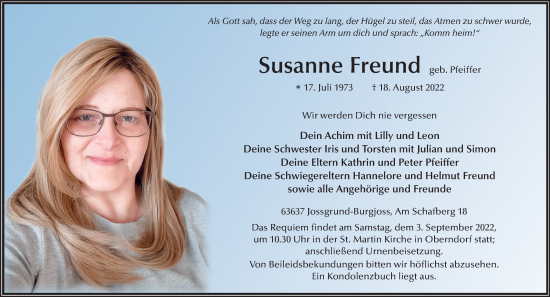 Traueranzeige von Susanne Freund von Gelnhäuser Neue Zeitung