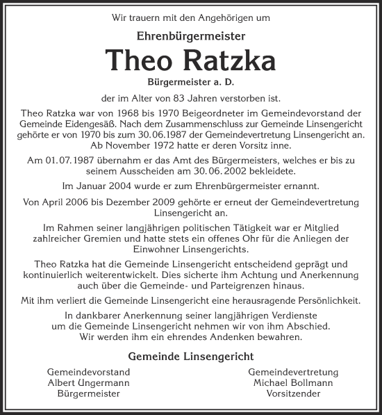 Traueranzeige von Theo Ratzka von Gelnhäuser Neue Zeitung
