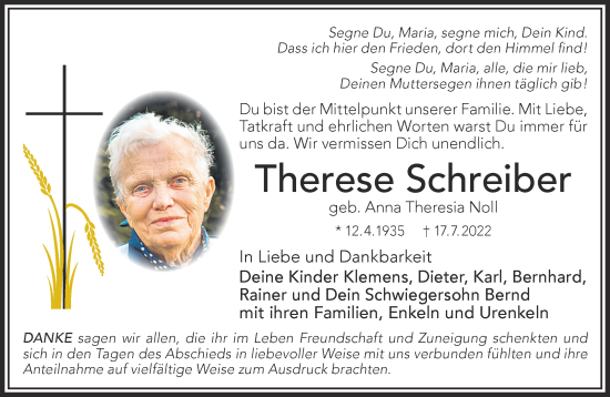 Traueranzeige von Therese Schreiber von Gelnhäuser Neue Zeitung