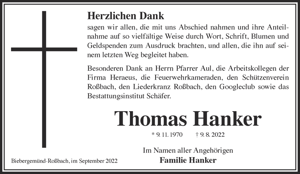  Traueranzeige für Thomas Hanker vom 10.09.2022 aus Mittelhessen-Bote