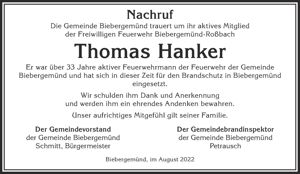  Traueranzeige für Thomas Hanker vom 16.08.2022 aus Gelnhäuser Neue Zeitung