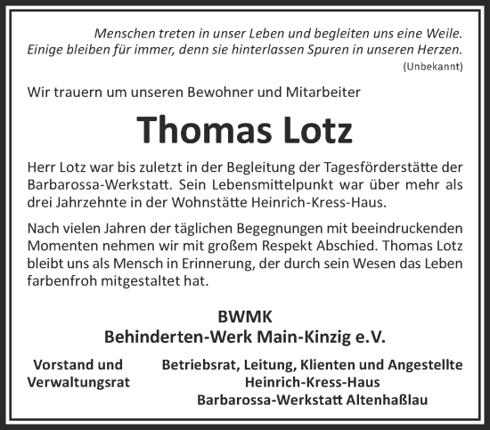 Traueranzeige von Thomas Lotz von Gelnhäuser Neue Zeitung