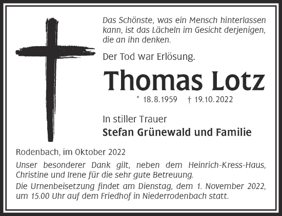 Traueranzeige von Thomas Lotz von Gelnhäuser Neue Zeitung