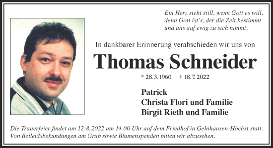 Traueranzeige von Thomas Schneider von Gelnhäuser Neue Zeitung