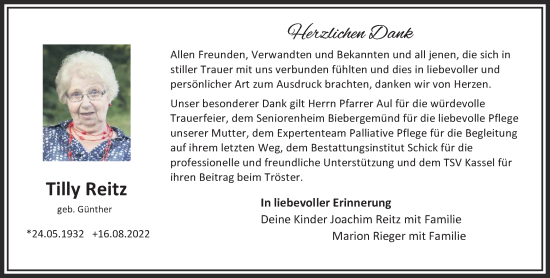 Traueranzeige von Tilly Reitz von Gelnhäuser Neue Zeitung