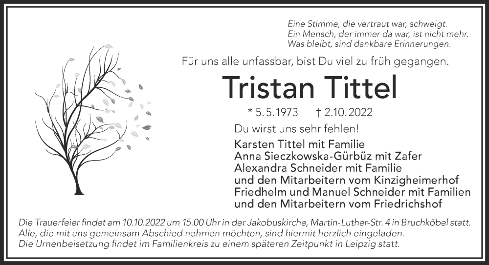  Traueranzeige für Tristan Tittel vom 08.10.2022 aus Mittelhessen-Bote