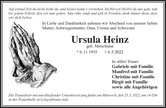 Traueranzeige von Ursula Heinz von Gelnhäuser Neue Zeitung