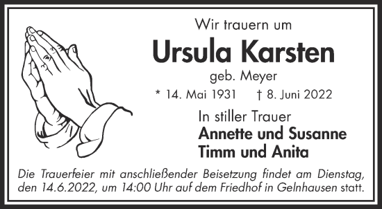 Traueranzeige von Ursula Karsten von Gelnhäuser Neue Zeitung