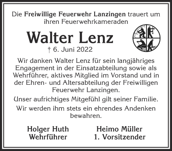 Traueranzeige von Walter Lenz von Gelnhäuser Neue Zeitung