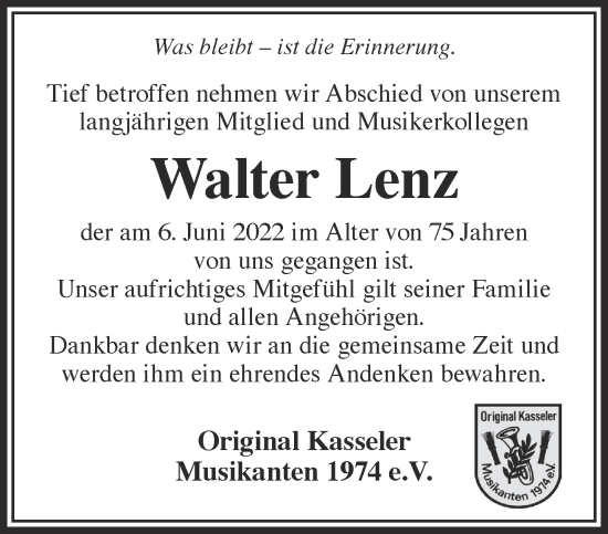 Traueranzeige von Walter Lenz von Gelnhäuser Neue Zeitung