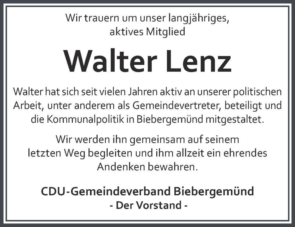  Traueranzeige für Walter Lenz vom 18.06.2022 aus Mittelhessen-Bote