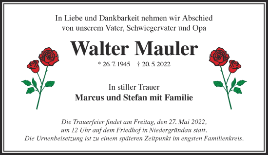 Traueranzeige von Walter Mauler von Gelnhäuser Neue Zeitung