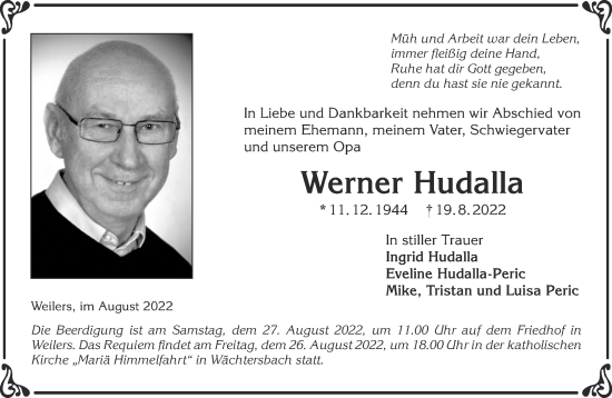 Traueranzeige von Werner Hudalla von Mittelhessen-Bote