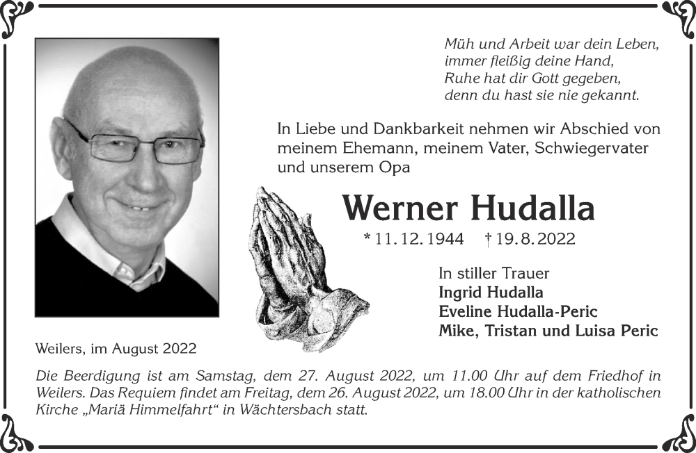  Traueranzeige für Werner Hudalla vom 24.08.2022 aus Gelnhäuser Neue Zeitung
