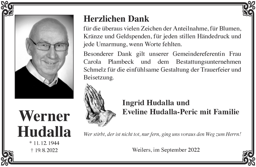  Traueranzeige für Werner Hudalla vom 10.09.2022 aus Gelnhäuser Neue Zeitung