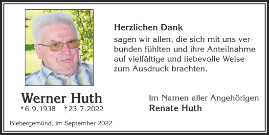 Traueranzeige von Werner Huth von Gelnhäuser Neue Zeitung