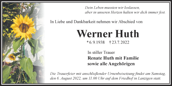 Traueranzeige von Werner Huth von Gelnhäuser Neue Zeitung